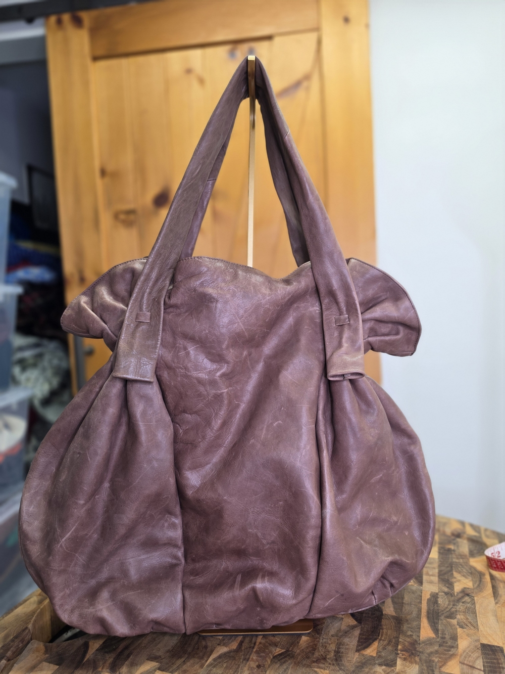 Classic Large Brown Leather Tulip-Style Tote Bag
